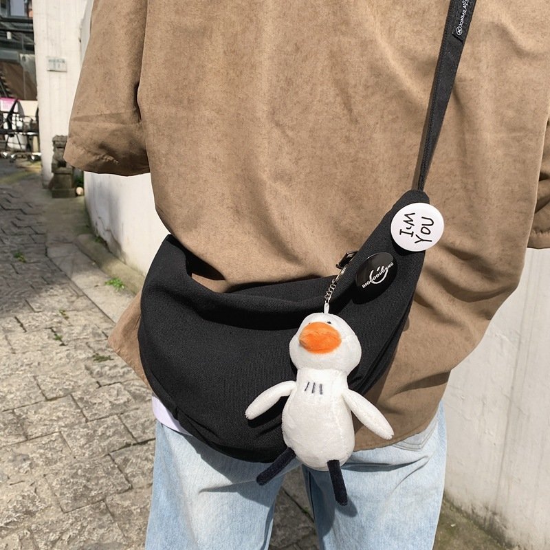 Simple Couple Canvas Solid Color Street Trend Korean Style Shoulder Bag - Image 3