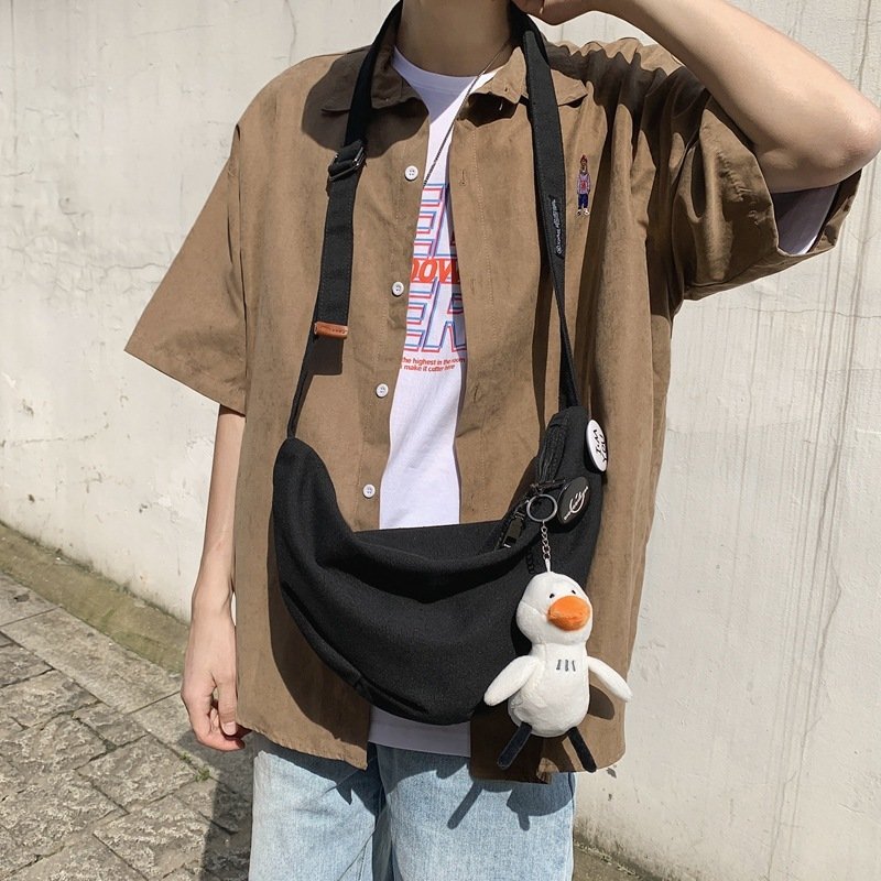 Simple Couple Canvas Solid Color Street Trend Korean Style Shoulder Bag - Image 4